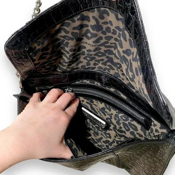 Rebecca Minkoff Black Leather Croc Embossed Silver Chain Crossbody Bag Purse - Picture 10 of 10